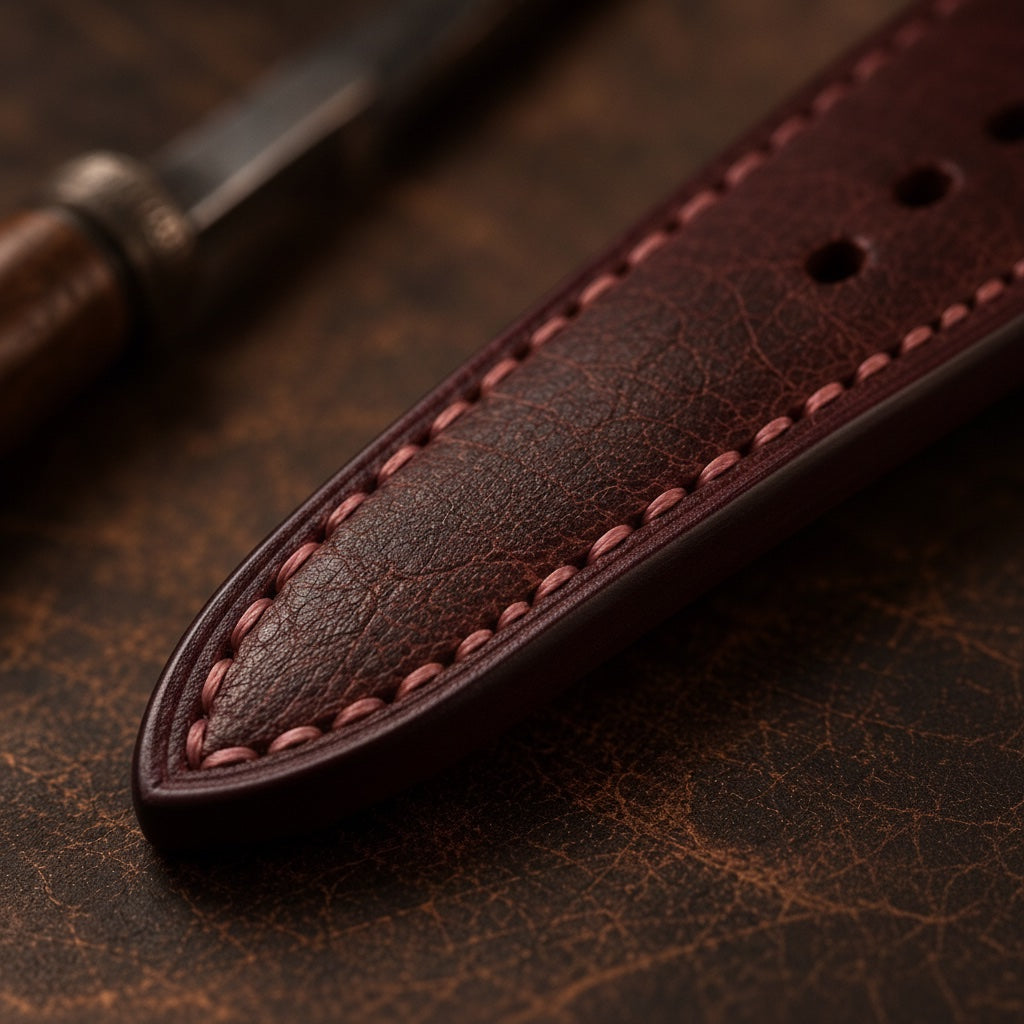Hand-finished edges of the Wichtelmänner Burgundy leather watch strap built to last a lifetime