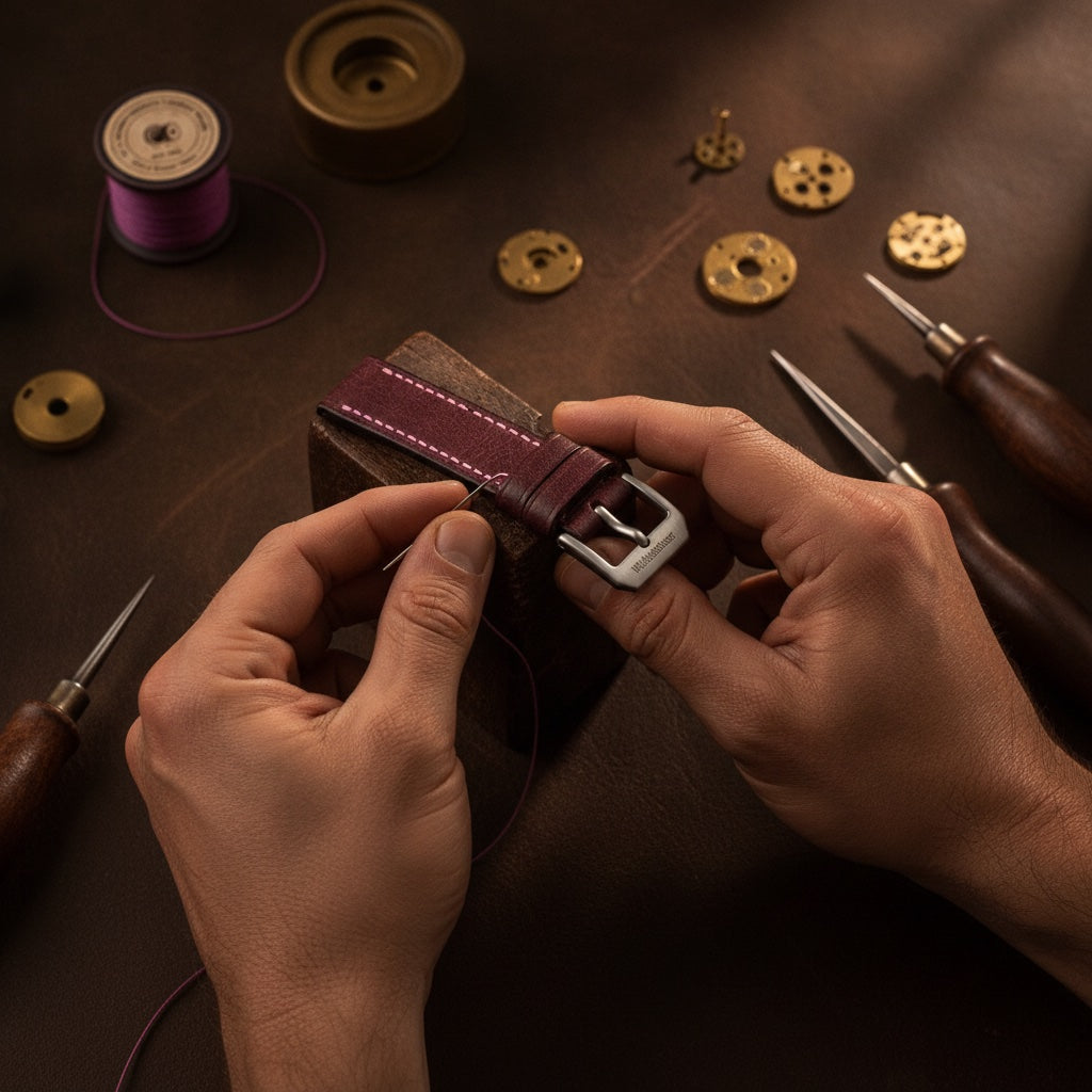 Artisan hand-stitching the Wichtelmänner Burgundy leather watch strap using time-honoured techniques