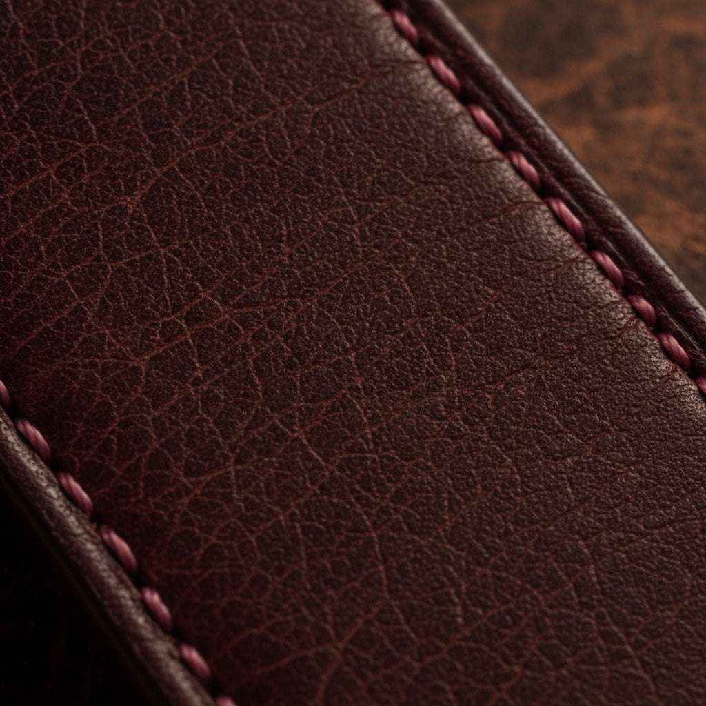 Premium full-grain leather of the Wichtelmänner Burgundy watch strap – natural grain that ages beautifully