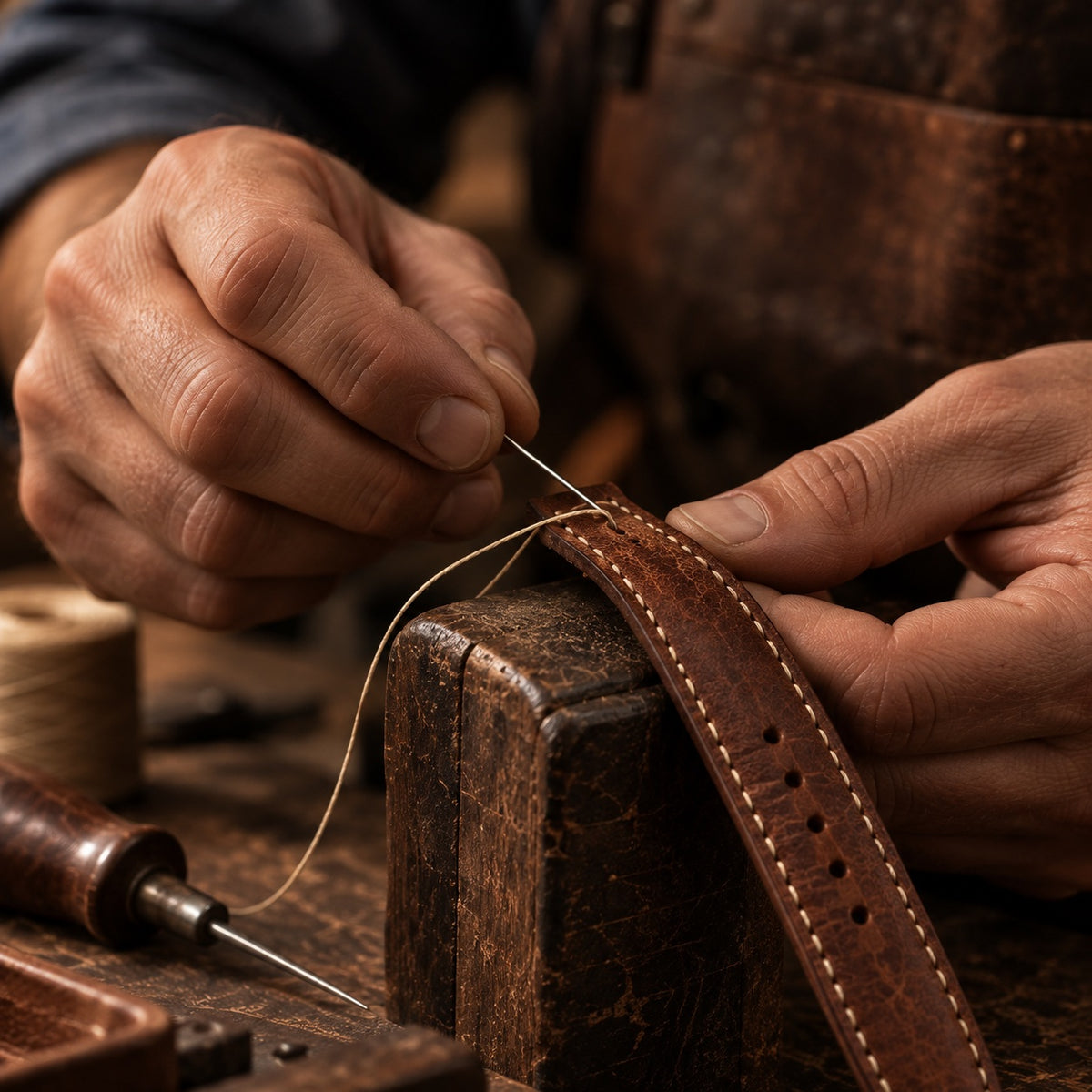 Artisan hand-stitching a Wichtelmänner leather watch strap using time-honoured techniques