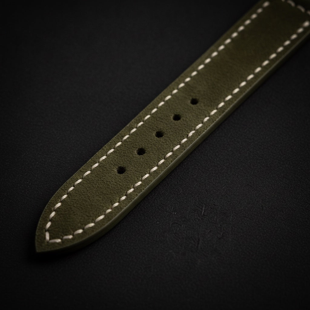 Hand-finished edges of the Wichtelmänner Olive Green leather watch strap built to last a lifetime