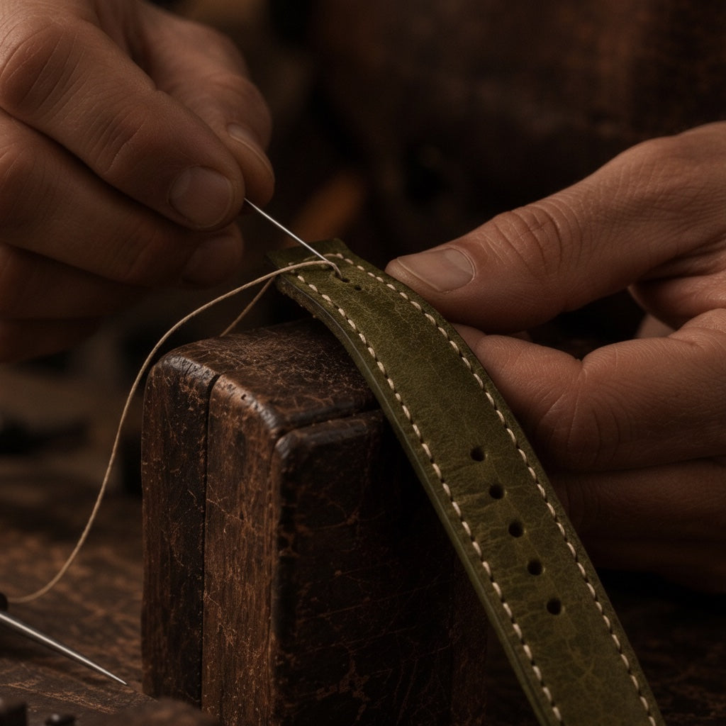 Artisan hand-stitching the Wichtelmänner Olive Green leather watch strap using time-honoured techniques