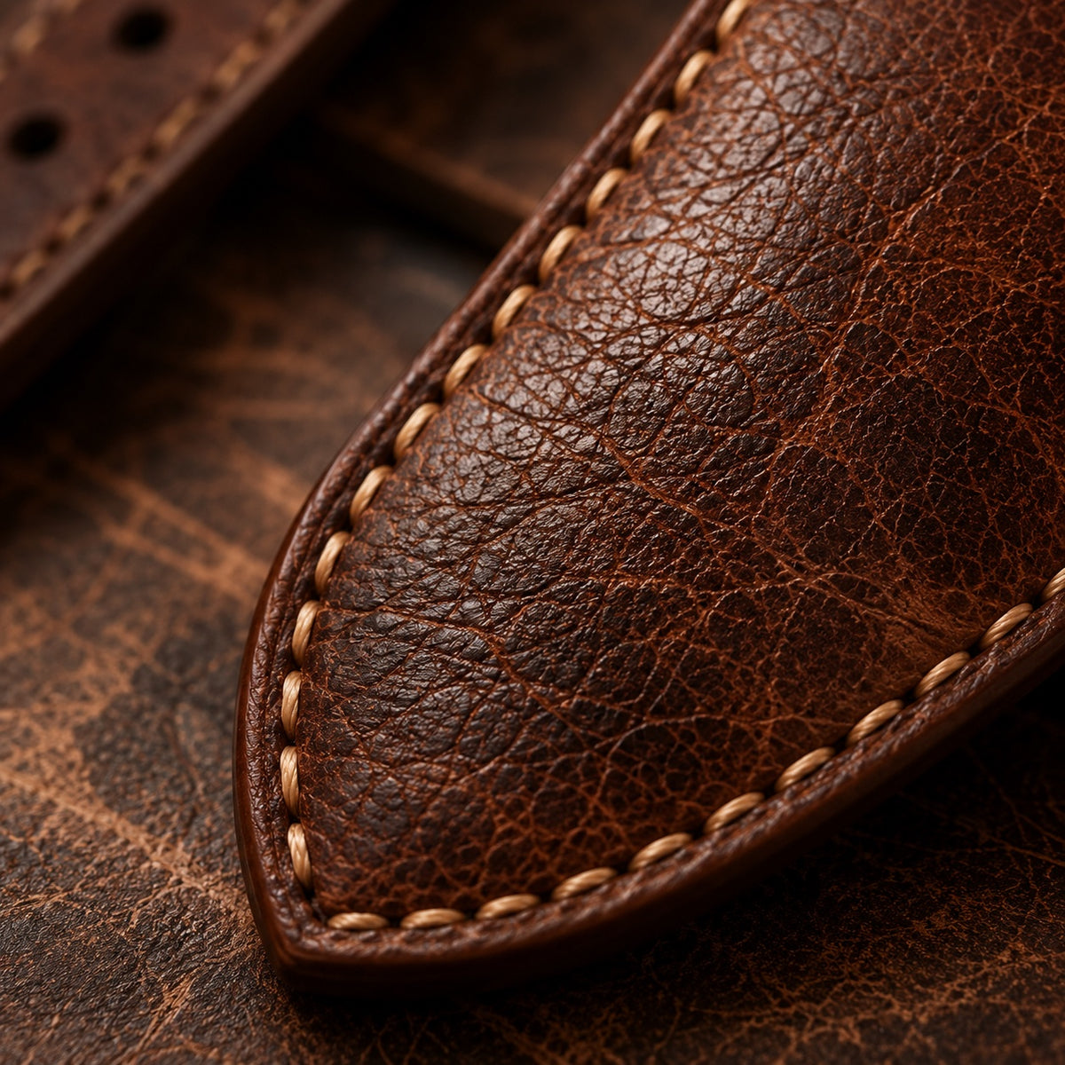 Premium full-grain leather of a Wichtelmänner watch strap – natural grain that ages beautifully