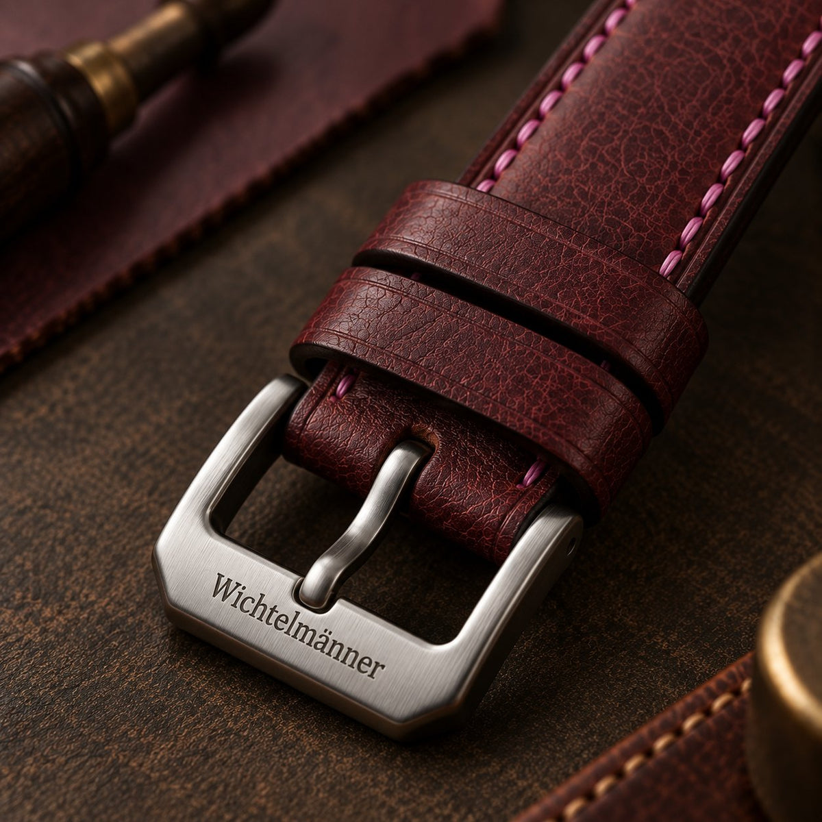 Close-up of the engraved stainless steel buckle on a Wichtelmänner Burgundy leather watch strap