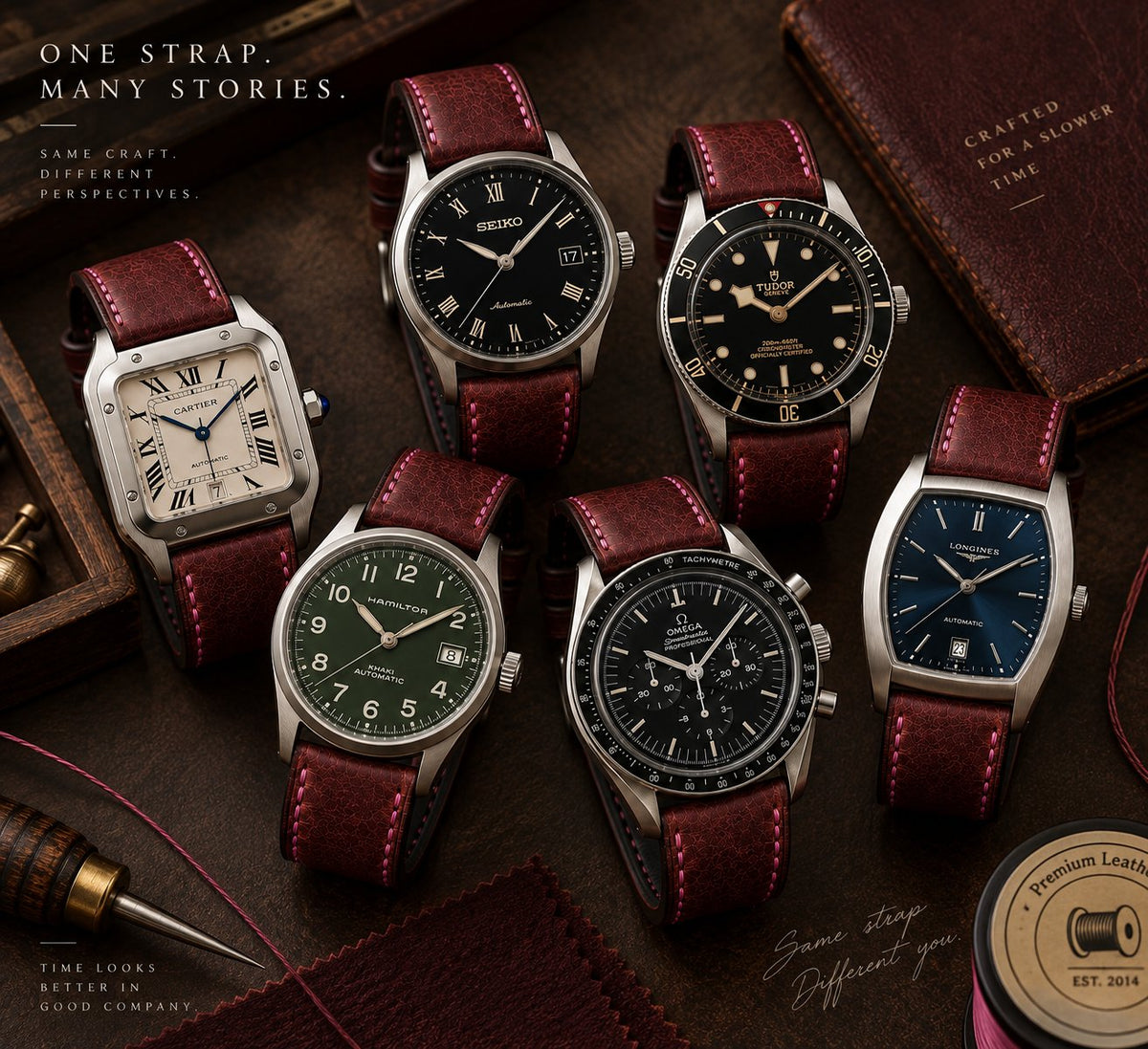 Burgundy Wichtelmänner leather strap styled on six different watches – one strap, many stories