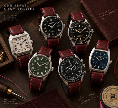 Burgundy Wichtelmänner leather strap styled on six different watches – one strap, many stories