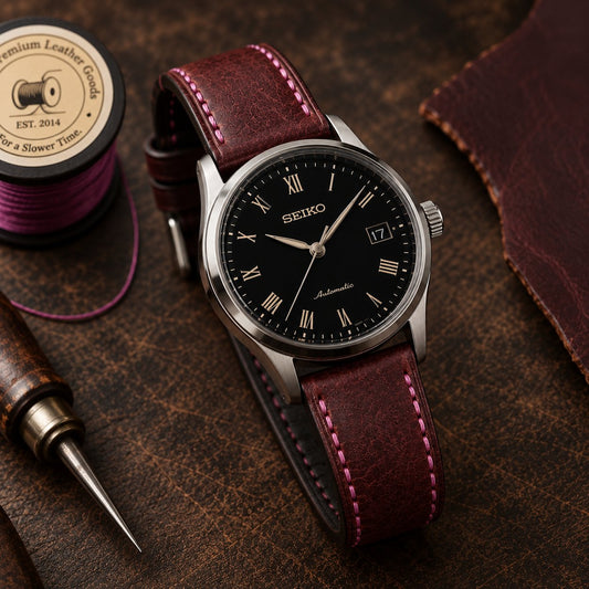 Wichtelmänner Burgundy leather watch strap fitted to a black-dial dress watch