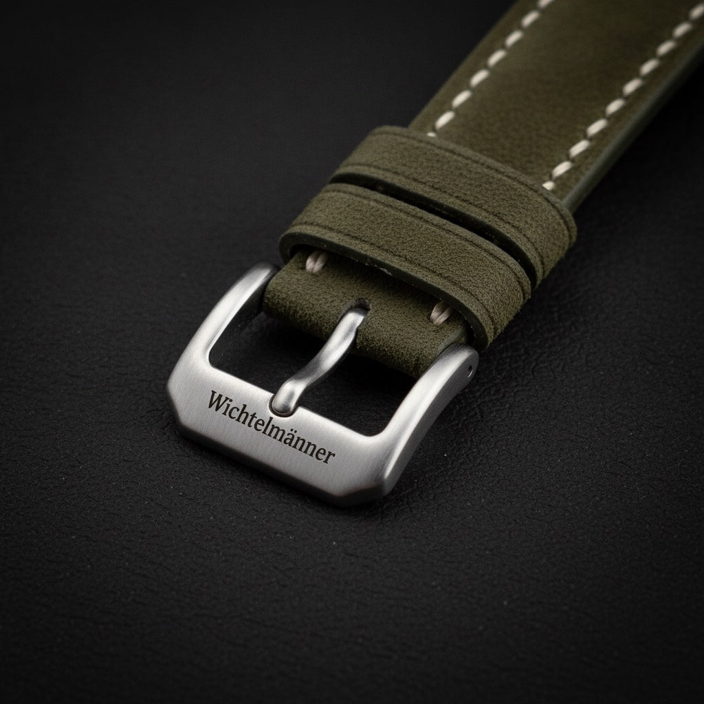 Close-up of the stainless steel buckle on a Wichtelmänner Olive Green leather watch strap