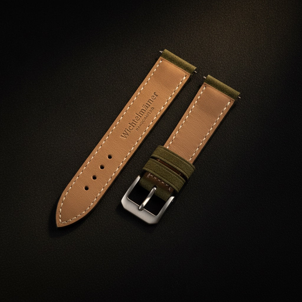 Wichtelmänner Olive Green leather watch strap showing the embossed leather lining and keeper