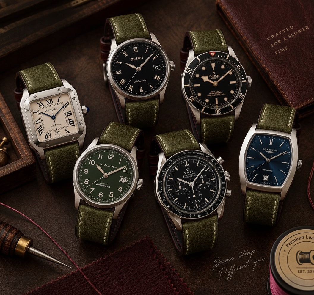 Olive Green Wichtelmänner leather strap styled on six different watches – one strap, many stories