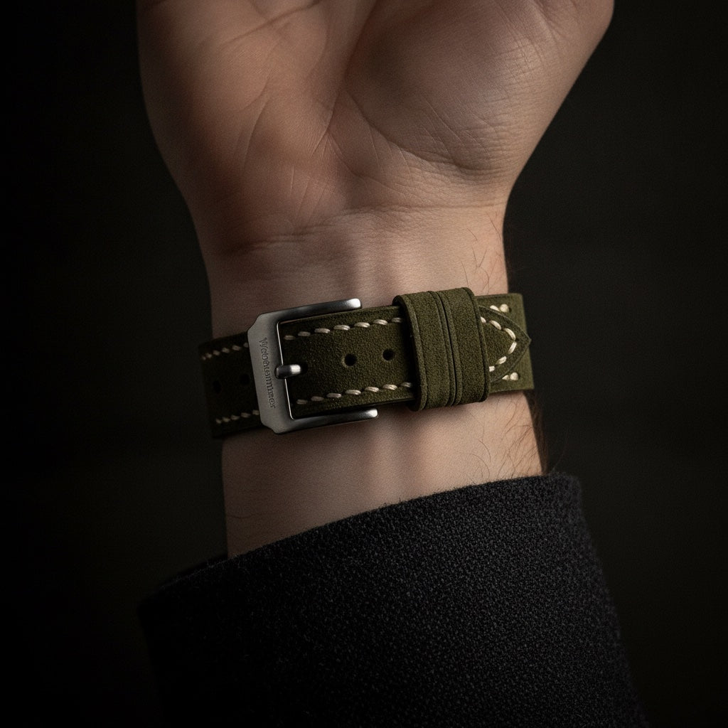 Wichtelmänner Olive Green leather watch strap worn on the wrist with stainless steel buckle