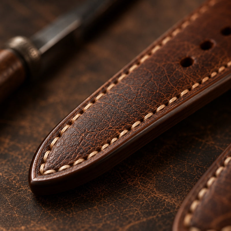 Hand-finished burnished edges on a Wichtelmänner full-grain leather watch strap