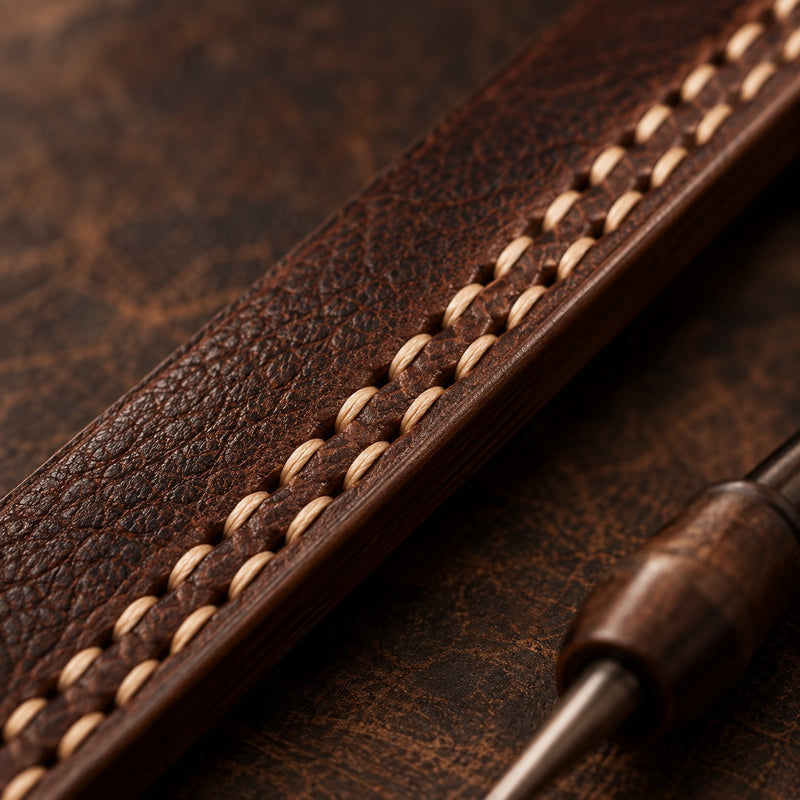 Close-up of hand-stitched saddle stitching on a Wichtelmänner leather watch strap