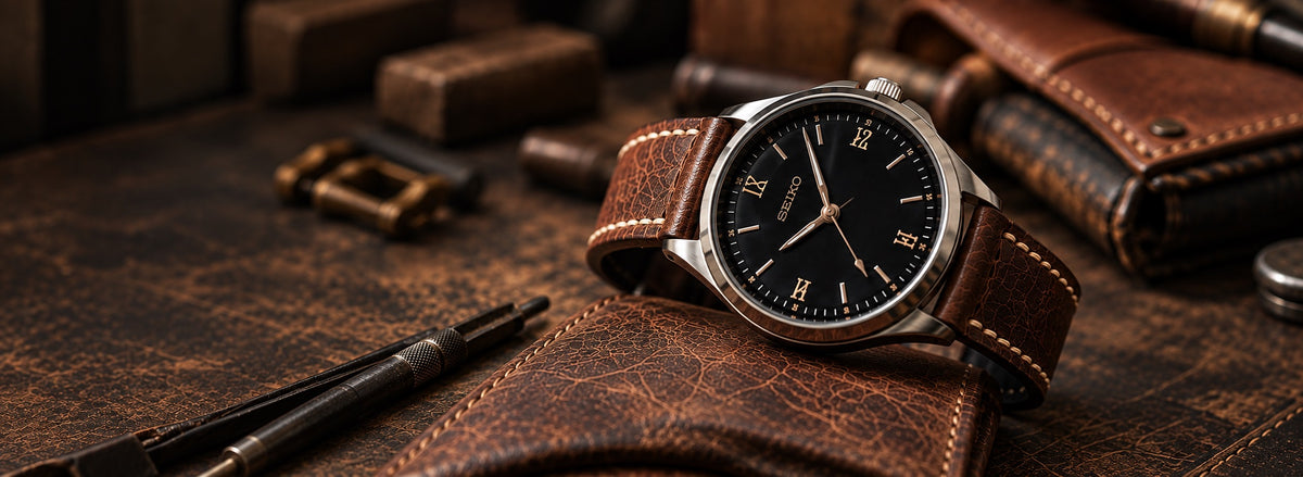 Wichtelmänner handcrafted brown leather watch strap on a vintage watch, laid on leather workshop tools