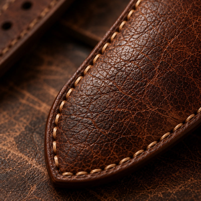 Natural full-grain leather texture of a Wichtelmänner watch strap showing unique grain and character