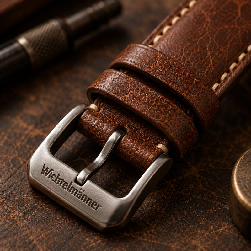 Stainless steel buckle hardware on a Wichtelmänner handcrafted leather watch strap